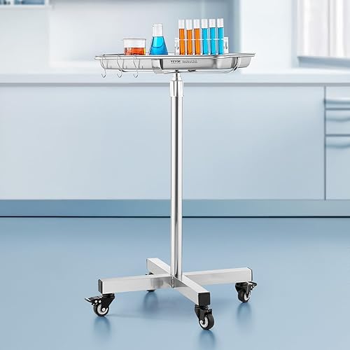 Miniatura 8 de VEVOR Mayo Stand, bandeja de acero inoxidable, capacidad de carga de hasta 36 libras, altura ajustable de 31.9-55 pulgadas, bandeja médica con