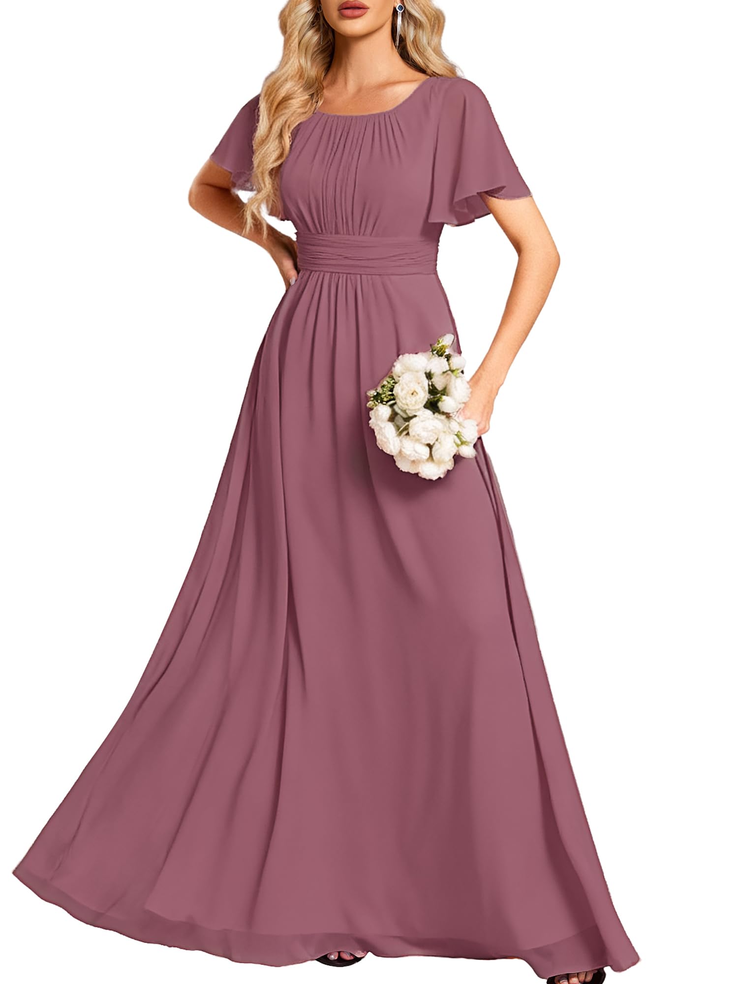 Women's Spring Elegant Round Neck Short Sleeve Chiffon Empire Waist Floor Length Formal Dresses Bridesmaid Dress