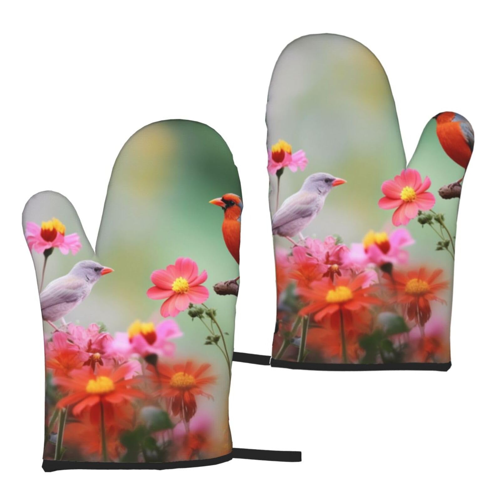 bird and flower Printed Oven Mitts Sets 2 PCS Heat Resistant and Non-Slip Glove Potholder for Kitchen Cooking Baking Grilling