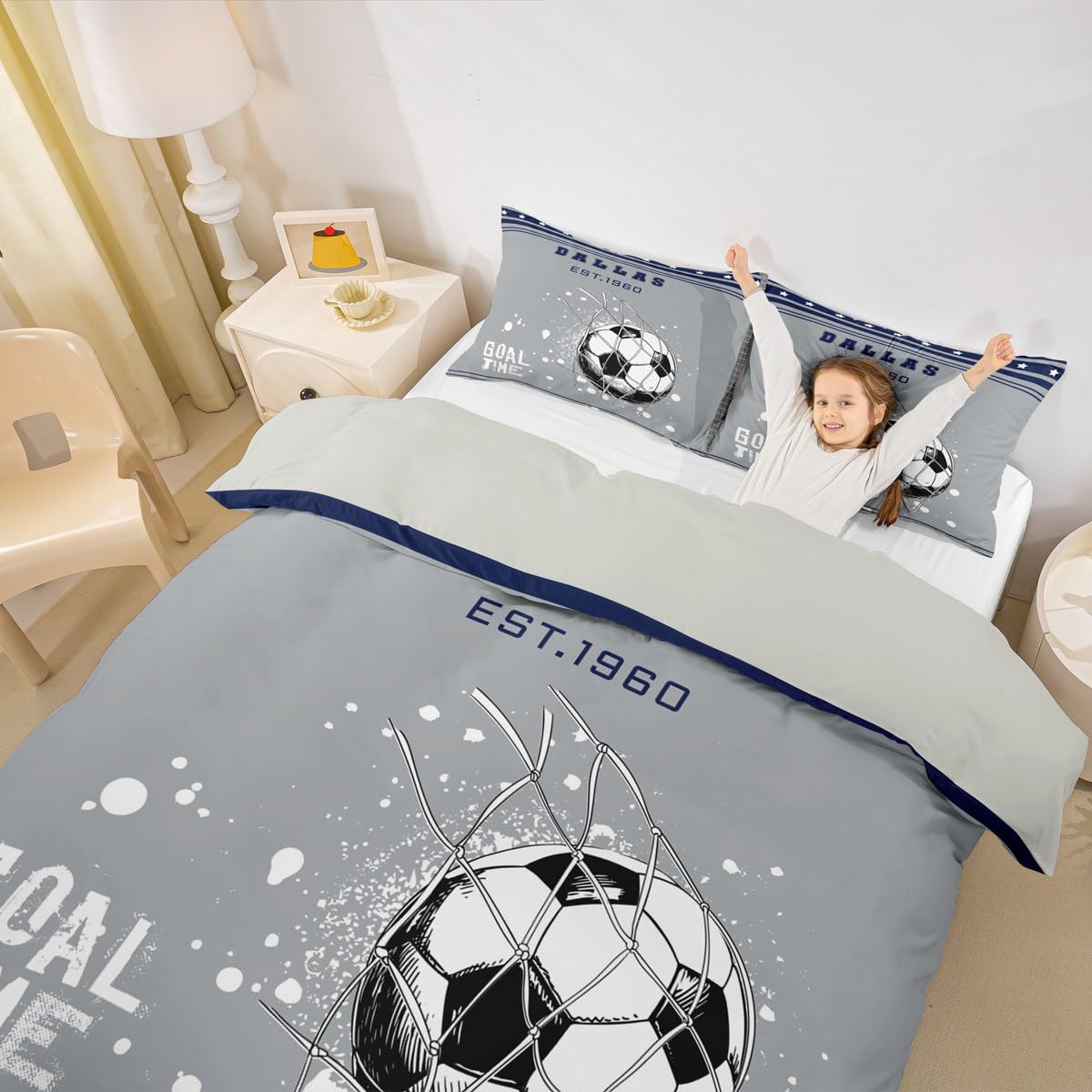 Homewish Soccer Goal King Size zestaw pościeli, futbol amerykański poszewka na kołdrę dla dzieci chłopców nastolatków sypialnia, gwiazdy w paski tele szara granatowa poszewka na kołdrę sportowa piłka