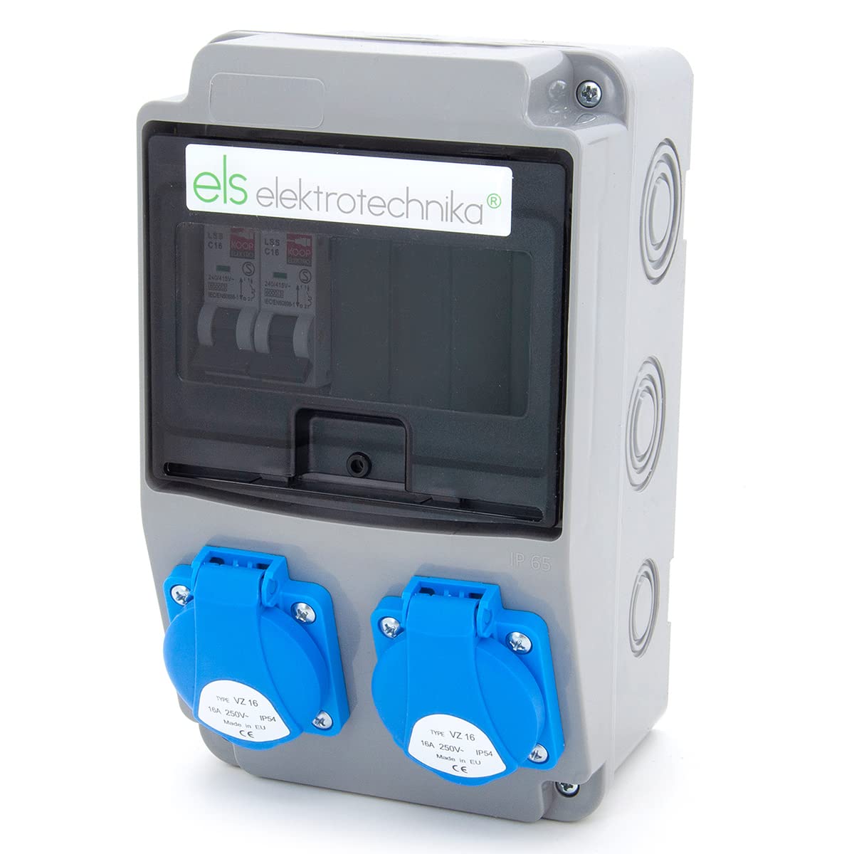 ELS Elektrotechnika distributore cablato da cantiere distributore da parete distributore di potenza con fusibili e prese Schuko 2x230V+2x interruttori magnetotermici C16, per ambienti interni/esterni