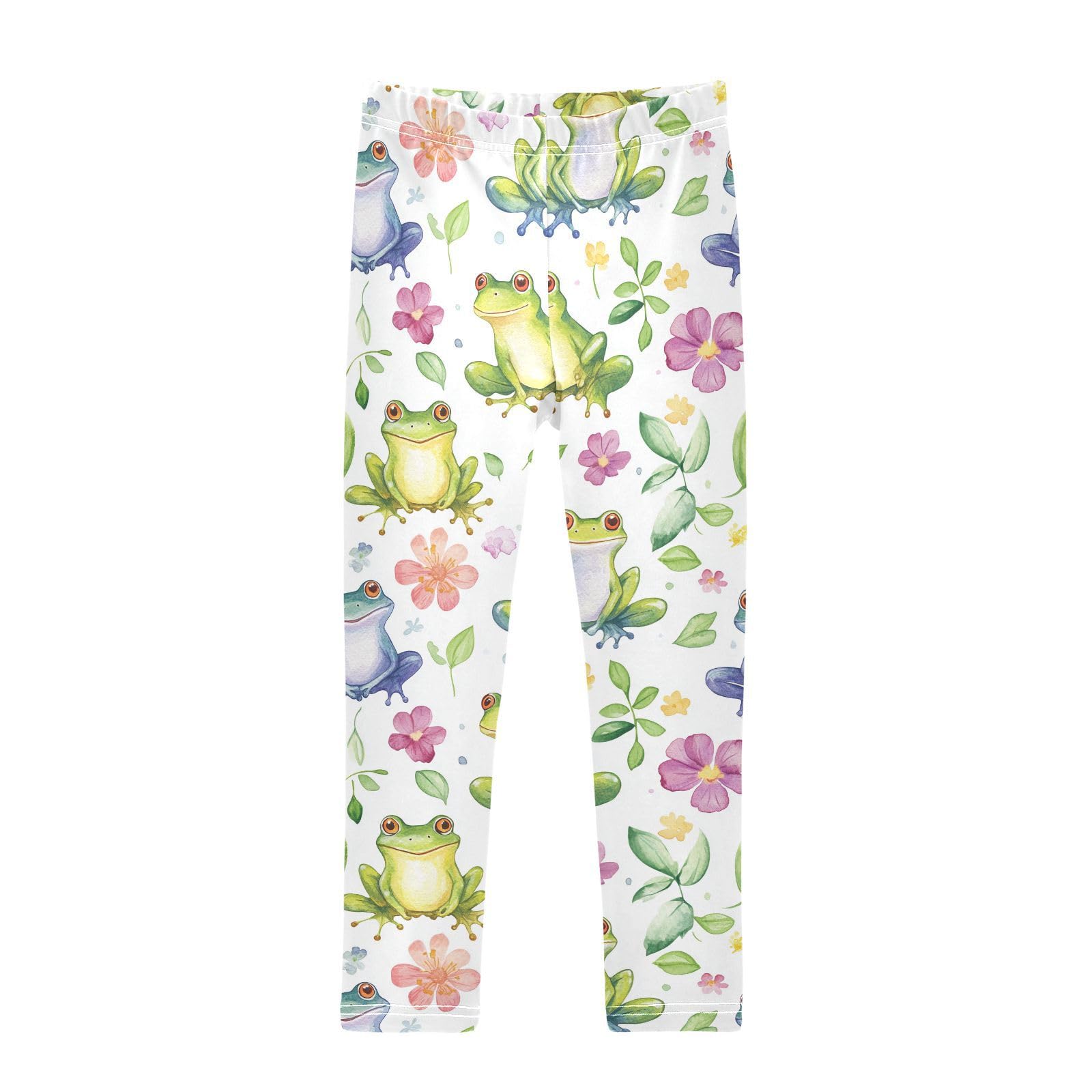 Wusikd Cute Watercolor Frogs Girls' Leggings Toddler Doodles Flowers Kids Yoga Pants Dance Active Tights 7-8T Multi