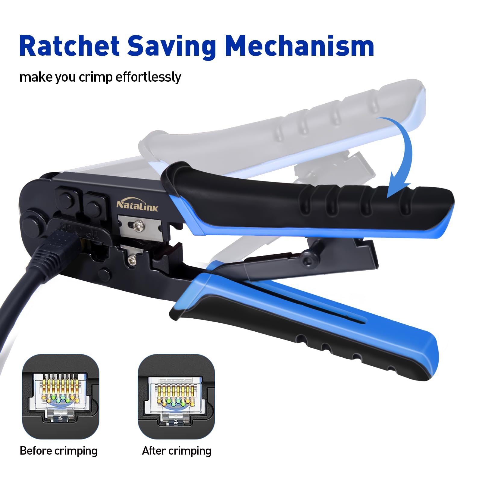 RJ45 Crimpzange Ethernet Crimper Tool Kit Cat 6 Cat 5E Cat 5 Crimpzange mit Netzwerkkabeltester, Drahtschneiderzange, Mini Kabelabisolierzange, 50 Stück Cat 5E Stecker und