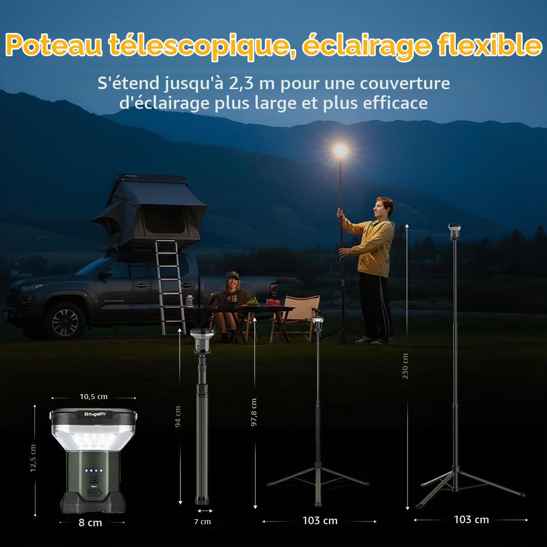 BougeRV Lampe Camping CL03, Autonomie 7–90h, Télescopique 2,3m | Lanterne Rechargeable 8000mAh, Projecteur de Travail 3200lm, Éclairage Extérieur pour Overlanding, RV, Chantier et Garage