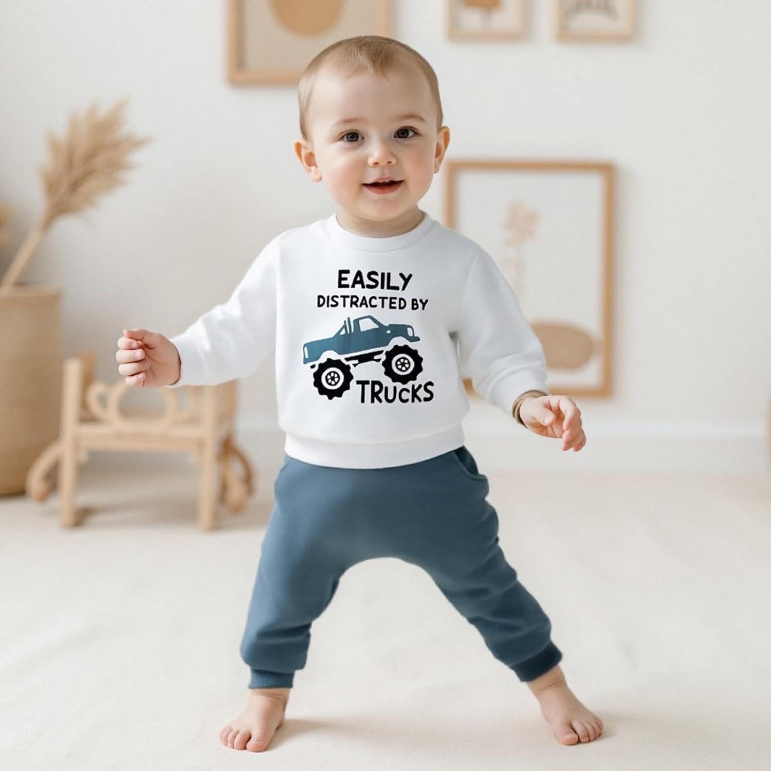 Baby Boy Fall Clothes Vehicles Print Long Sleeve Sweatshirt Jogger Pant Set