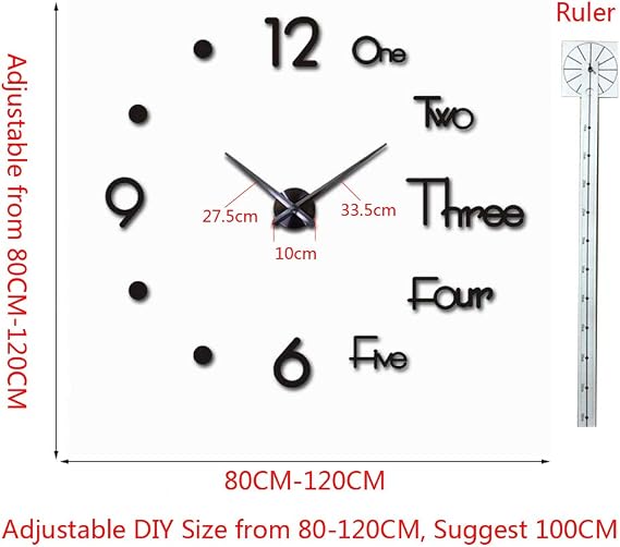 FASHION in THE CITY Large 3D Frameless Wall Clock Stickers DIY Wall Decoration for Living Room Bedroom Office (Black)