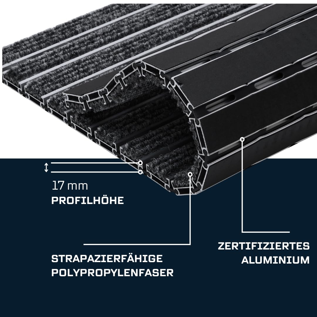 Aluminium-Fußmatte für Türen mit Rahmen 100x50 cm, verstärkt 17 mm, Textil, objektgeeignete Eingangsmatte für Innen, trocknend, Rips Anthrazit, rutschfest
