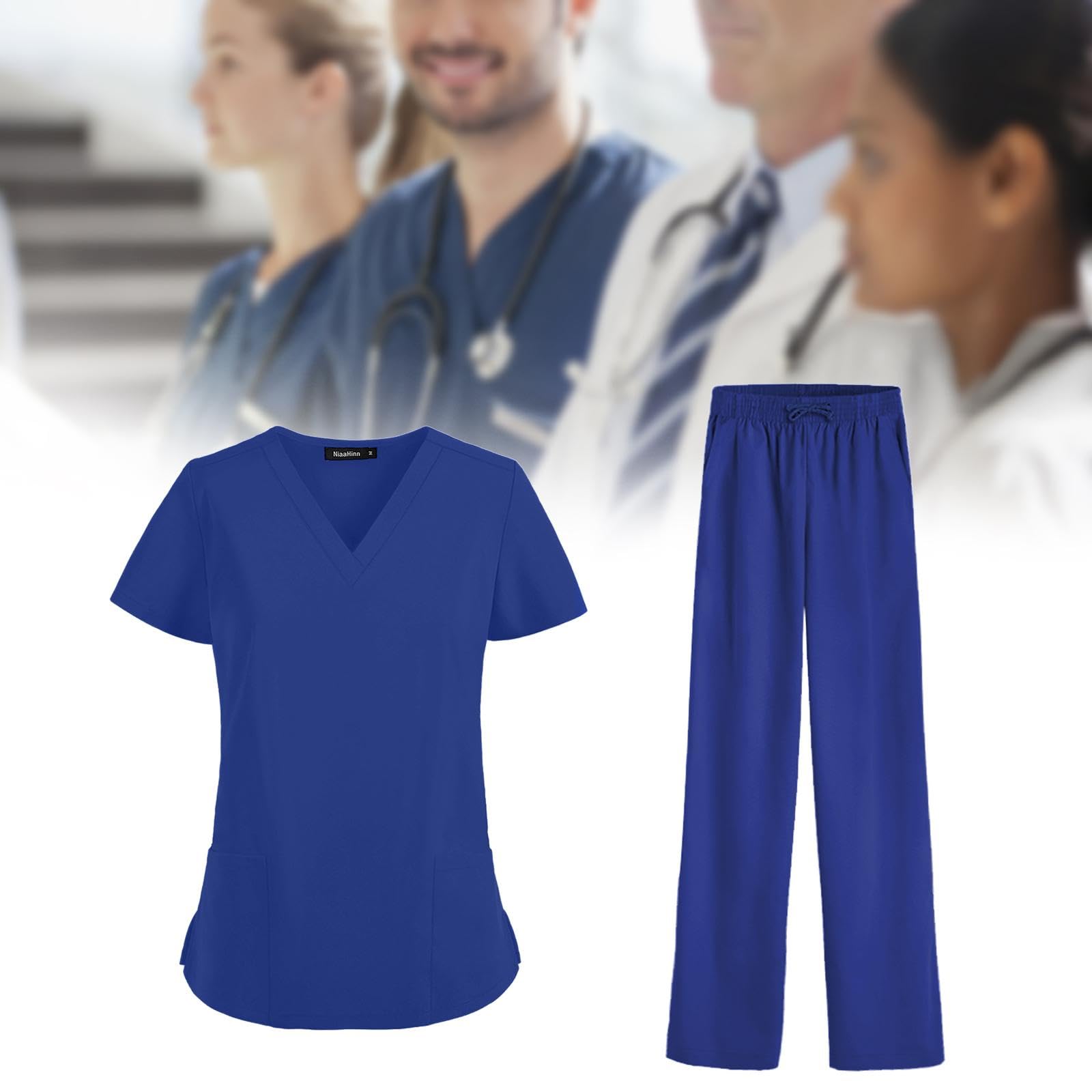 Oshhni Frauen Scrubs Sets Arbeitskleidung Kleidung Dünne Krankenpflegeuniformen Set Kurzarm für Skin Manage Cosmetology Beauty Spa Center, Blau, xxL