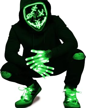 LED Mask Gloves Shoelaces Set - 6 Colors Matching Halloween Cosplay Costume