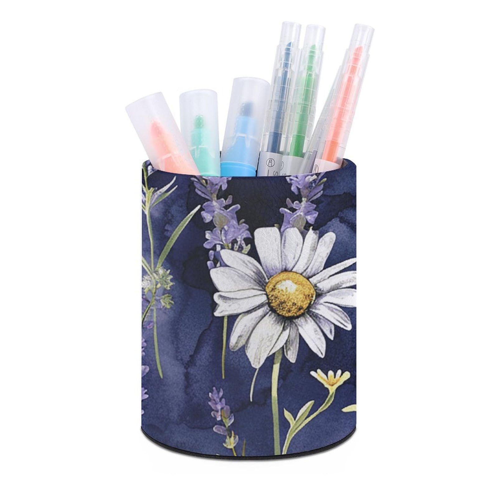 KLOPH PU Leather Pen Holder for Desk, Aesthetic Pencil Cup for Desktop, Makeup Brush Srotage for PenOrganizer Office Supplies, Lavender And Daisies Pen Cup Pencil Caddy for Home Art Supply