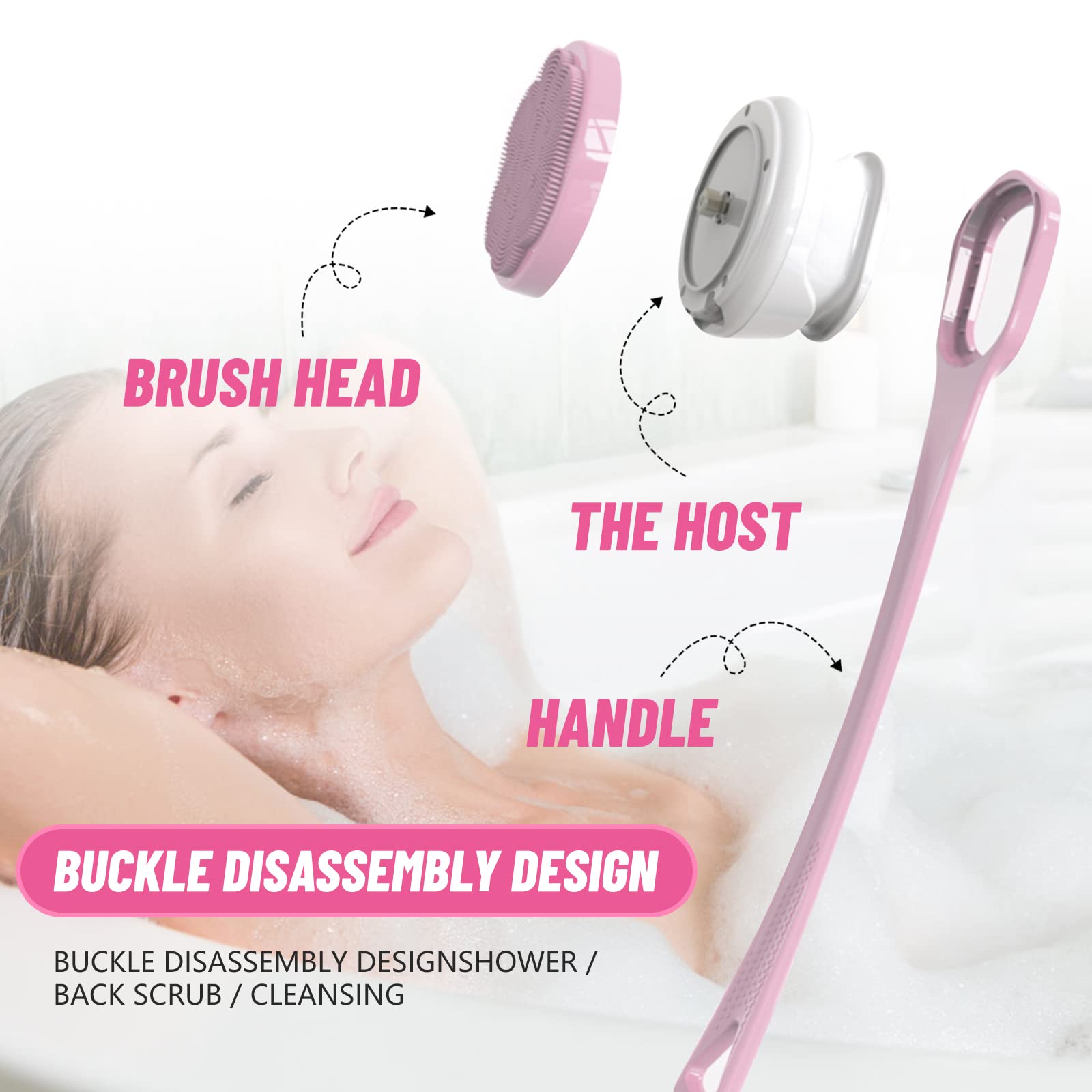 Cepillo Eléctrico para el Cuerpo,kit de Cepillo de Limpieza Corporal con 6 Cabezales de Cepillo,Cepillo de Ducha Recargable con Mango Largo,Baño Cepillo para Masaje Exfoliante Depurador (Rosa)