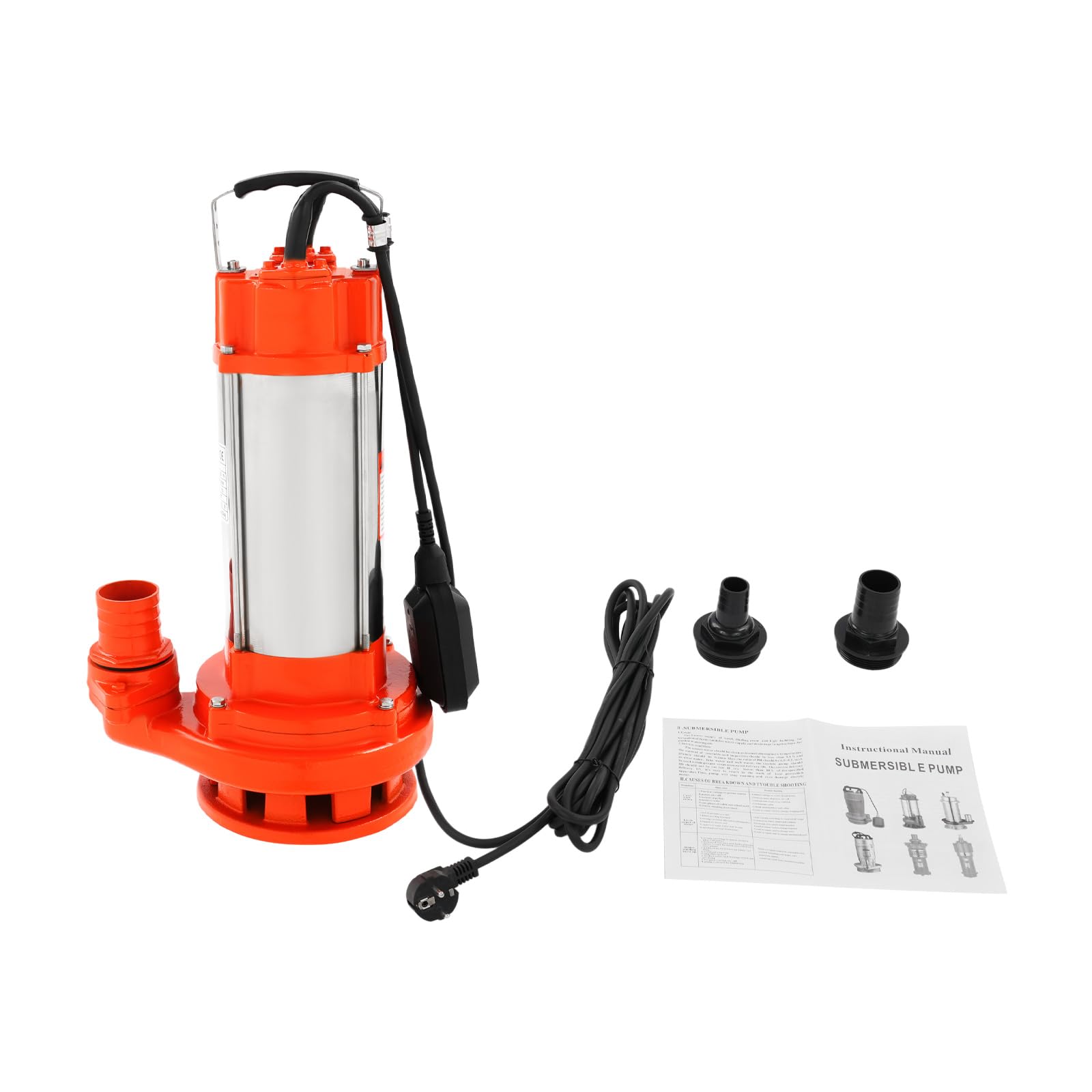 Bomba de agua sucia, 2200 W, 26000 l/h, bomba sumergible con interruptor de flotador, acero inoxidable, altura de impulsión 25 m, bomba fecal con asa, bomba con trituradora (naranja)