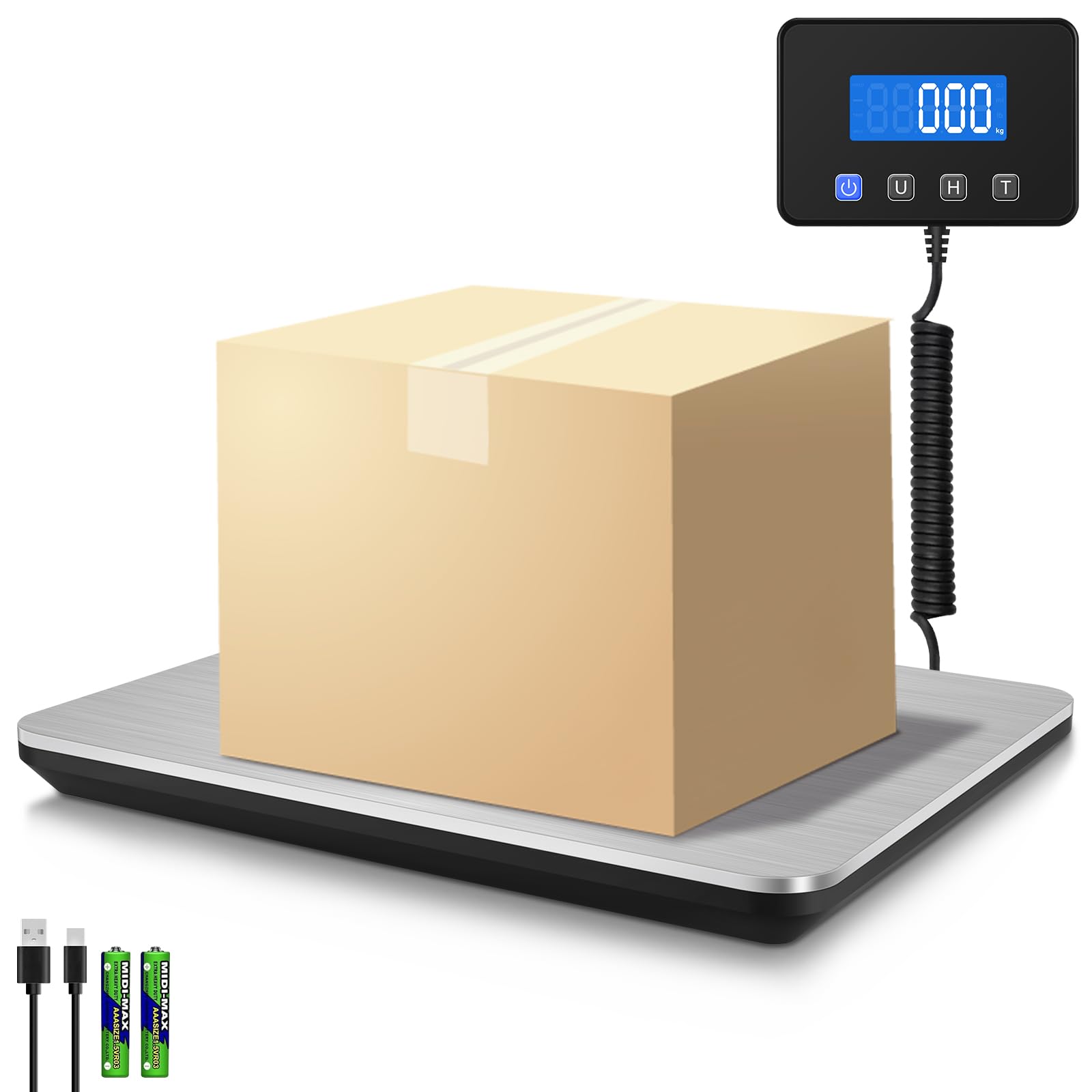 Collazoey Báscula Digital, Balanza Postal Ricaricabile USB da 200 kg/ 10 g con Función di Mantener/Tara, Acciaio Inossidabile, Sensore a 4-Punti con LCD, Adatta per Pacchi/Bagagli/Magazzini