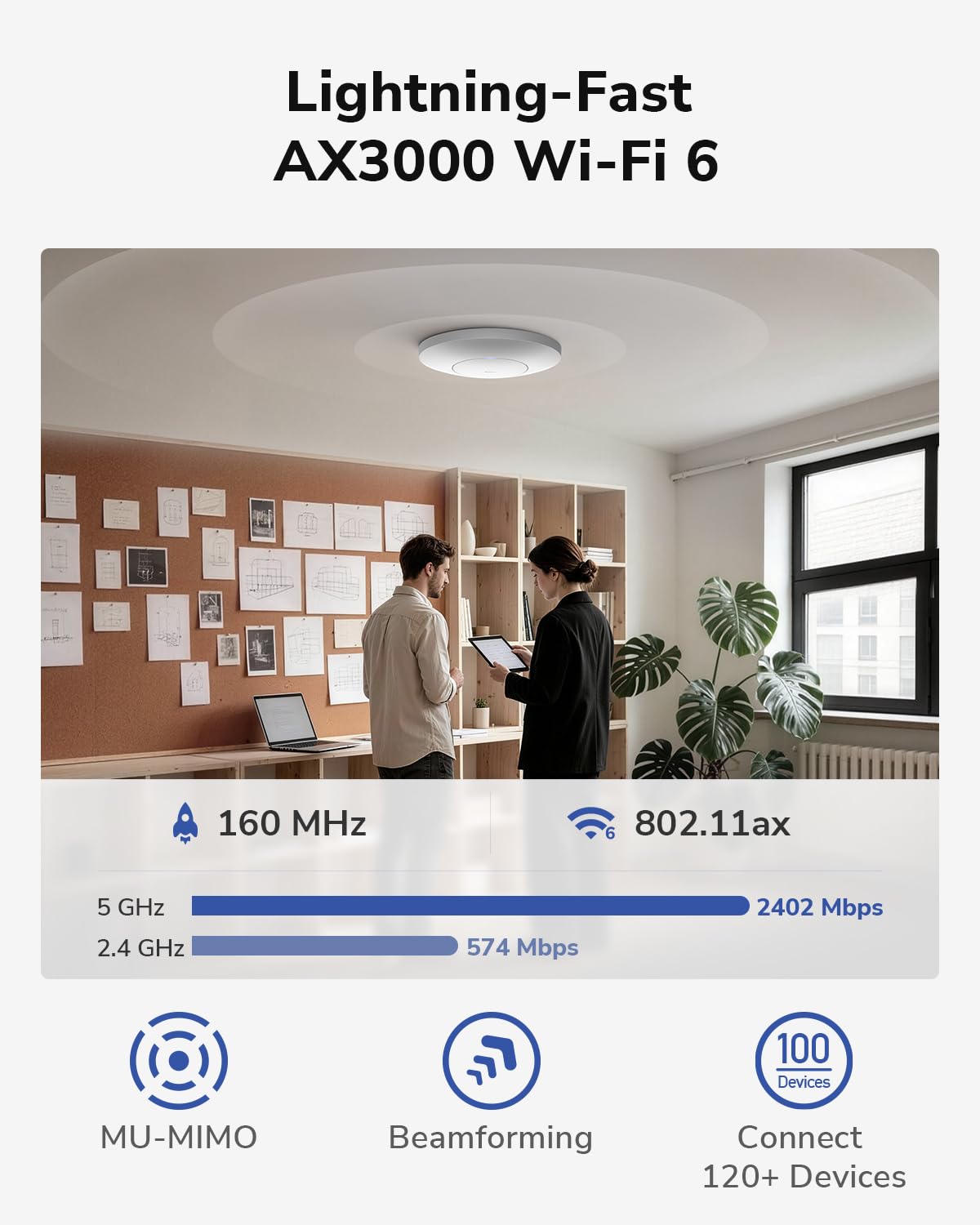 Cudy AX3000 Access Point Wi-Fi 6 PoE Gigabit a Soffitto AP3000S | 2402+574Mbps, 120+ Dispositivi, 1x Porta PoE Gigabit, Captive Portal, Alimentazione Multipla, Multi-SSID