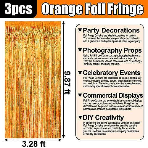 Image of 3 Pack Orange Foil Fringe Curtain Backdrop, 3.28Ft x 9.8Ft Metallic Tinsel Foil Fringe Streamer Curtains for Photo Booth, Christmas Day, Thanksgiving, Wedding, New Year Party Decorations