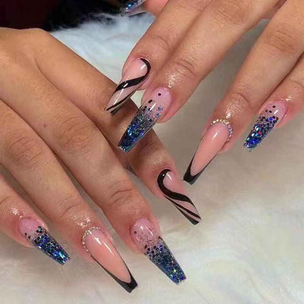 Amazon.com: Press on Nails Long Coffin Fake Nails with Nail Glues Blue  Glitter Rhinestones Glue on Nails Black Swirls Acrylic False Nails Tips  Glossy Ballerina Artificial Full Cover Luxury Static Nails for