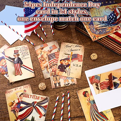 Glenmal 24 Sets Retro 4Th Of July Cards With Envelopes 4 X 6 Inches Vintage Independence Day Usa Flag Notecard Assorted American Rustic Folded Patriotic Greeting Cards For Party Favors Adult Kid Gift #TOP1
