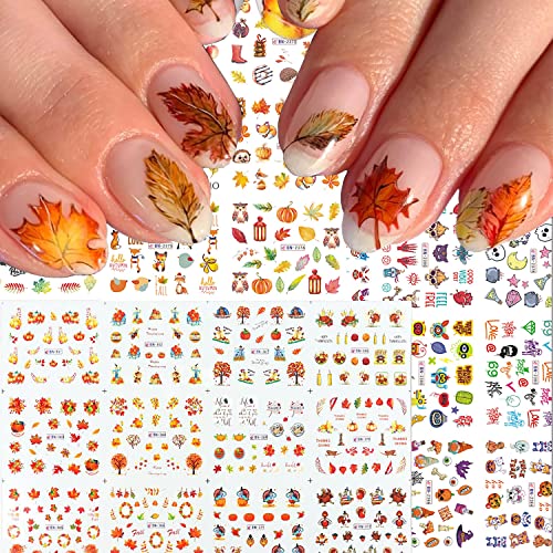 36Pcs Fall Nail Art Stickers Maple Leaves Skull Water Transfer Nail Art Stickers Decals Autumn Halloween Pumpkin DIY Nail Art Decoration Nail Supplies for Women Girls
