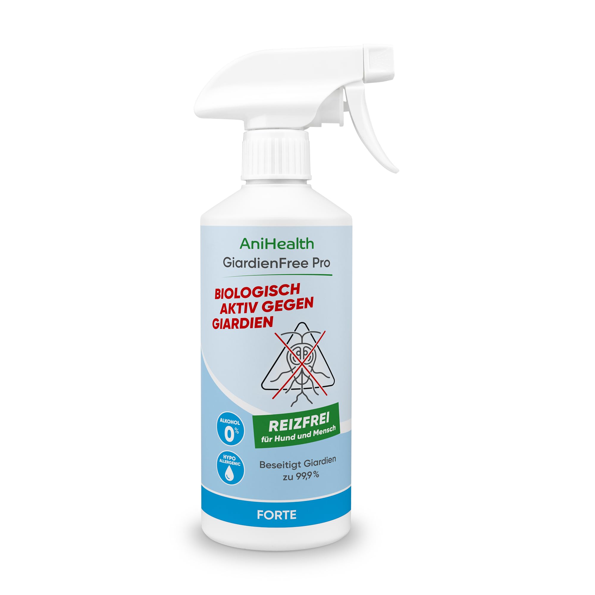 Giardien Hygiene-Spray Hund | tötet 99,9% Giardien + Zysten bei der ersten Anwendung auf Flächen, Gegenständen, Körperstellen | R E I Z F R E I durch Bioseptika HOCl – GiardienFree Pro 500ml