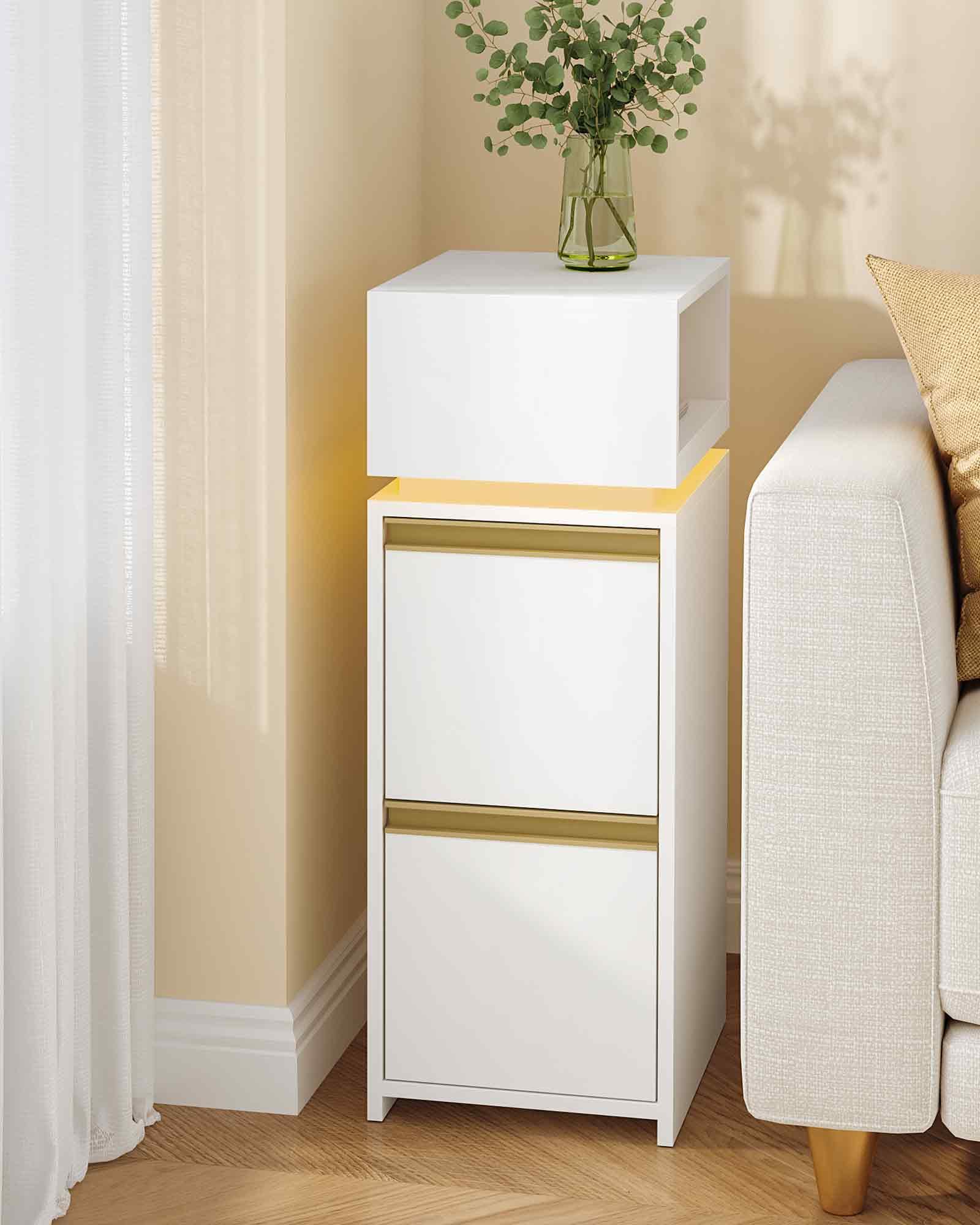 HEXCELEN Comodino Stretto, Set di 2, Comodino con Luce LED, Tavolino con 2 Cassetti e 1 Spazio Aperto, Mobile Salvaspazio per Camera da Letto, per Camera da Letto, Soggiorno, Moderno, Bianco