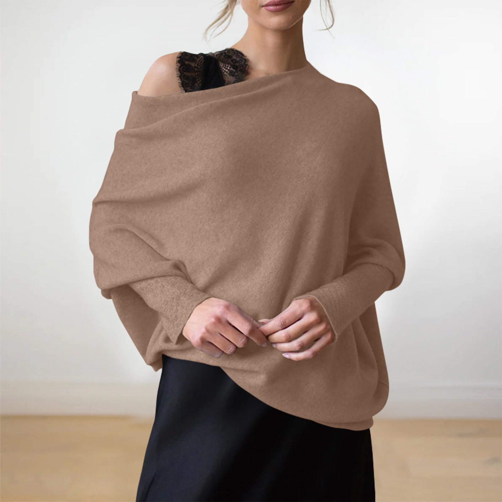 Saymany Pullover Damen Herbst Fledermausärmel Strickpullover Pullover Einfarbige Langarm Rundhals Oberteil Top Lockerer Strickpullover Knitted Basic Stretch Sweater Langarm Elegant Pulli Oberteile