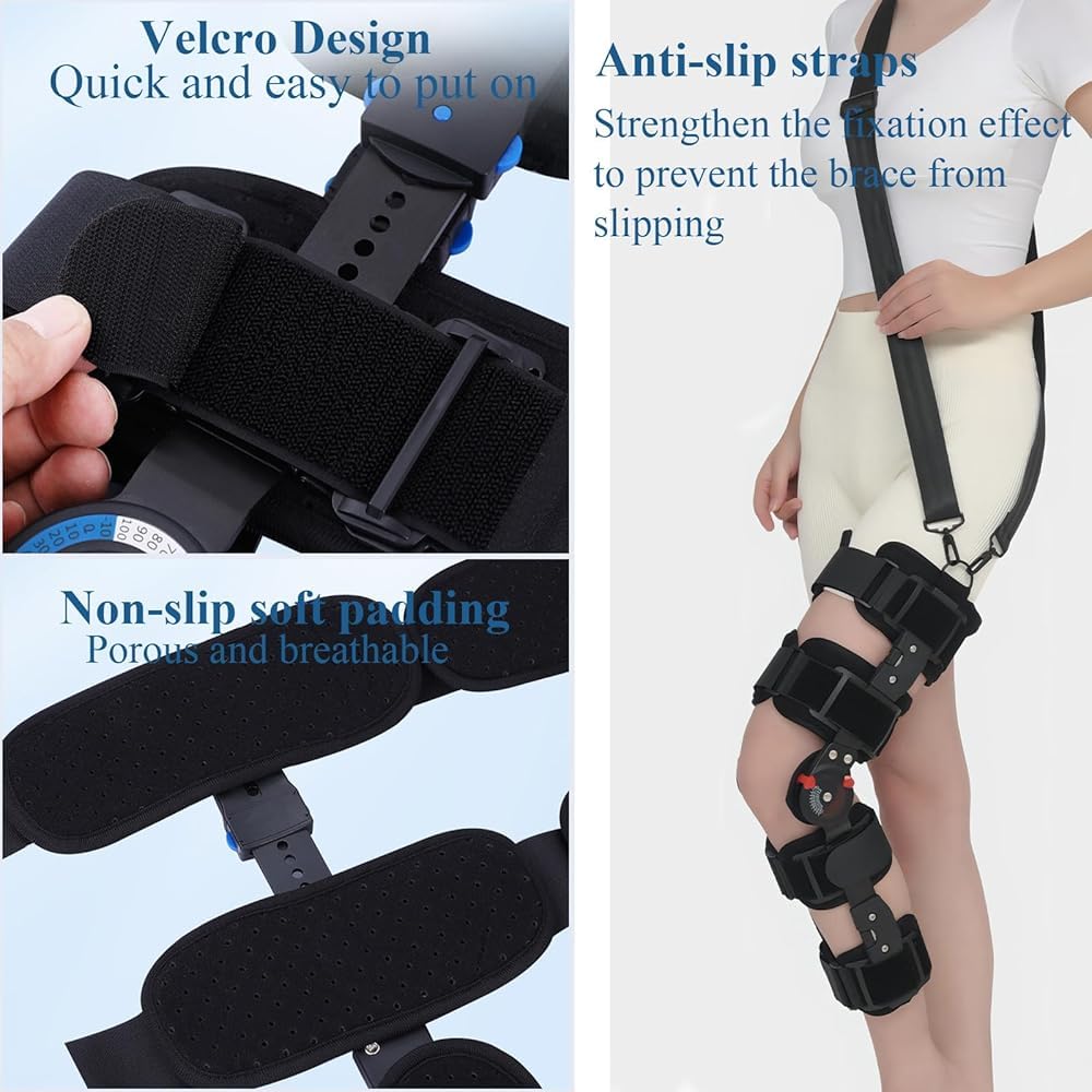 Tutore regolabile per ginocchio con cerniera e stabilizzatori per gamba – Ortesi post-operatoria per LCA, LCP, strappo del menisco, artrite e osteoartrite, supporto ortopedico per riabilitazione per
