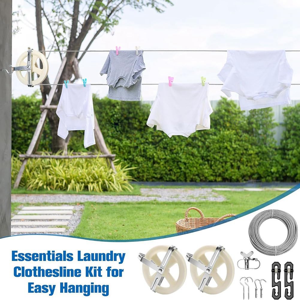 Wäscheleine-Outdoor-Set 47 m PVC-, 2 Rollen und Haken | Dieses Set liefert 47 m PVC-beschichtetes , 2 Rollen und Haken, ideal für Outdoor-Bereiche oder Hotelaufenthalte.