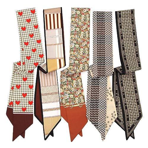 QTMY 5 Pack Purse Scarf for Bags Silk Head Scarf for Hair Handbag Women Scarfs Band Hair Neck Scarves Fashion Gifts,86