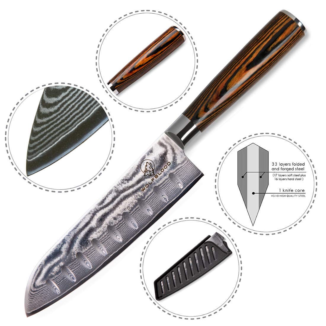Wolfblood Damastmesser Santoku Messer XL (30cm) TÜV geprüfter 62 HRC Damaststahl aus 67 Lagen I Damast-Küchenmesser Santokumesser mit Holzgriff Geschenkbox und Klingenschutz