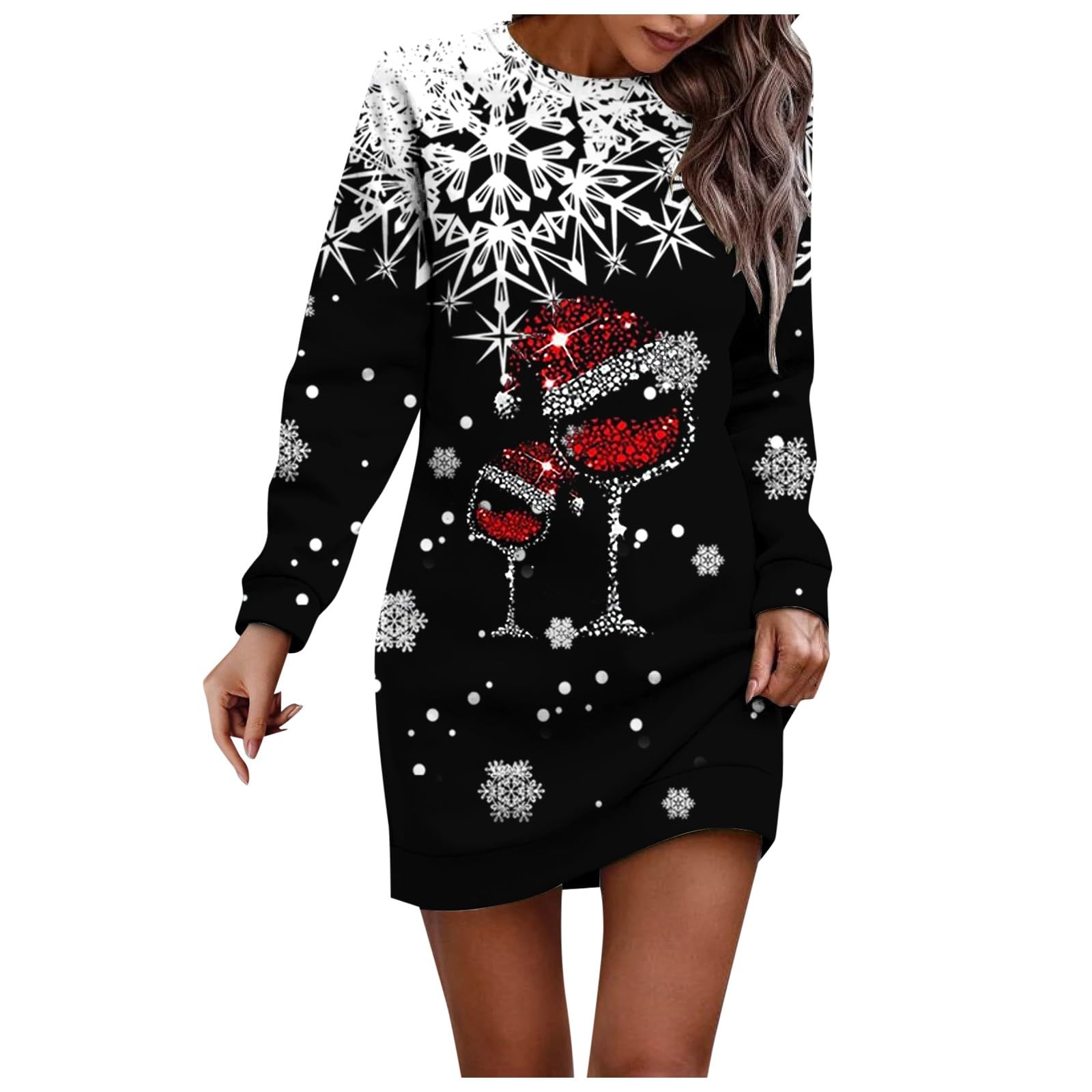 Vestito Donna Natalizio, Felpe Lunghe Curvy Manica Lunga Maglione da Famiglia Taglie Forti Mini Abito Lunga Sweatshirt con Tasche Hoodie Pullover Abito Natalizio Vestito Corto Abito Donna Autunnale