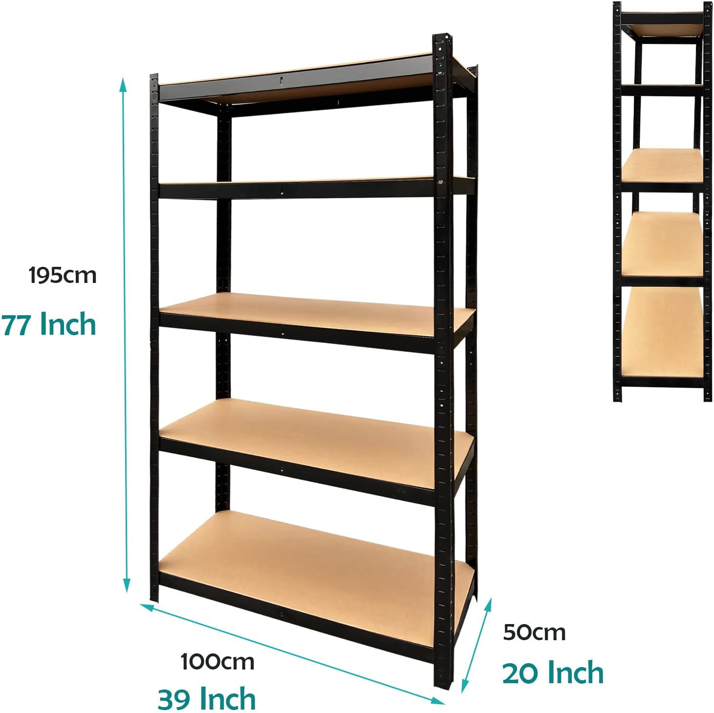 Bowoshen Storage Shelves 5-Tier 77in Height Garage Shelving Unit Rack Metal Shelf Heavy Duty 386lb Load per Tier, Adjustable Utility Shelves for Garage, Warehouse, Living Room, Office (77" Black) : Home & Kitchen