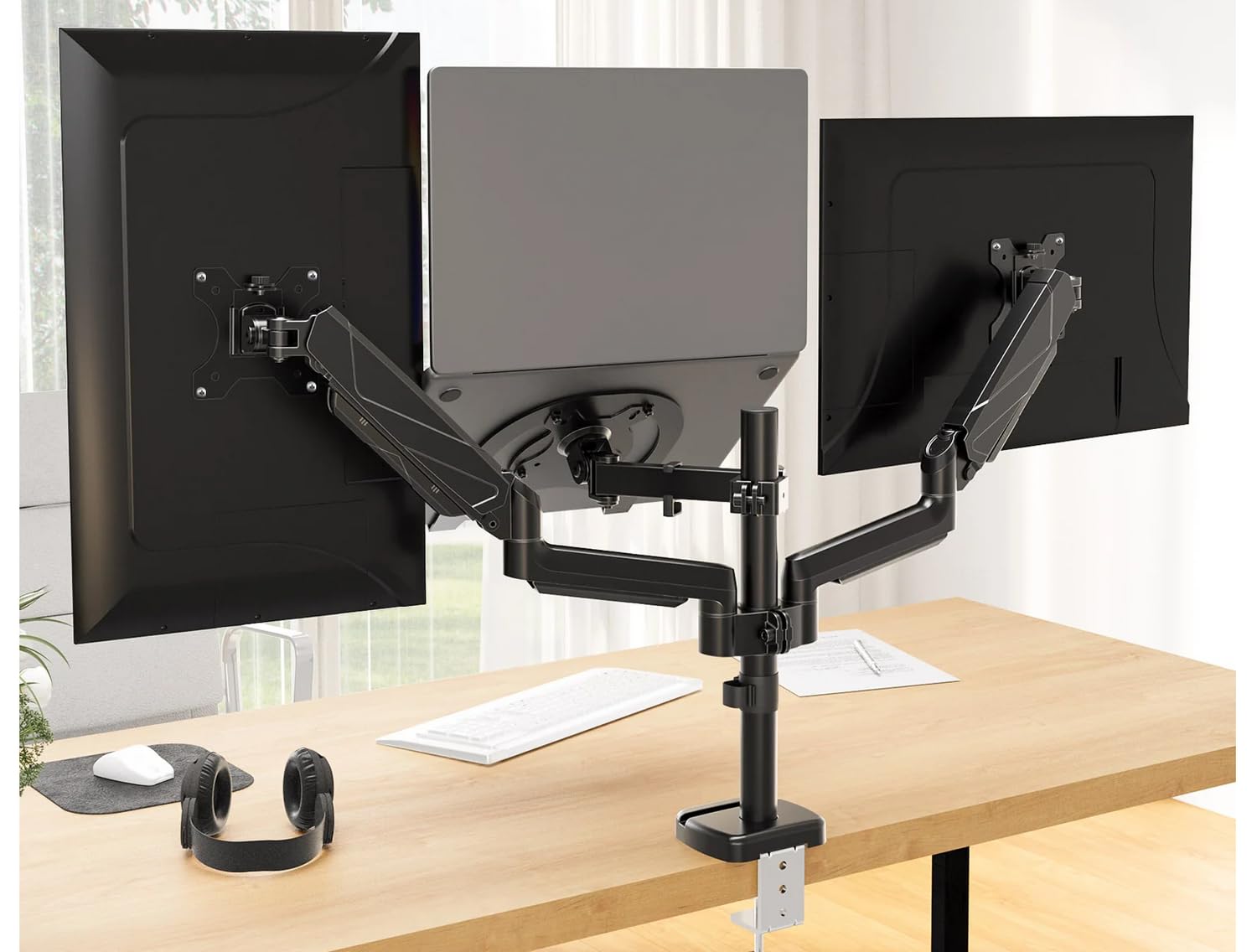 TriMount Uchwyt Biurkowy na 2 Monitory i Laptop 13–32” | Regulowany, Obrotowy, Ergonomiczny | VESA 75x75 / 100x100 | Ramię do Monitorów i Laptopa