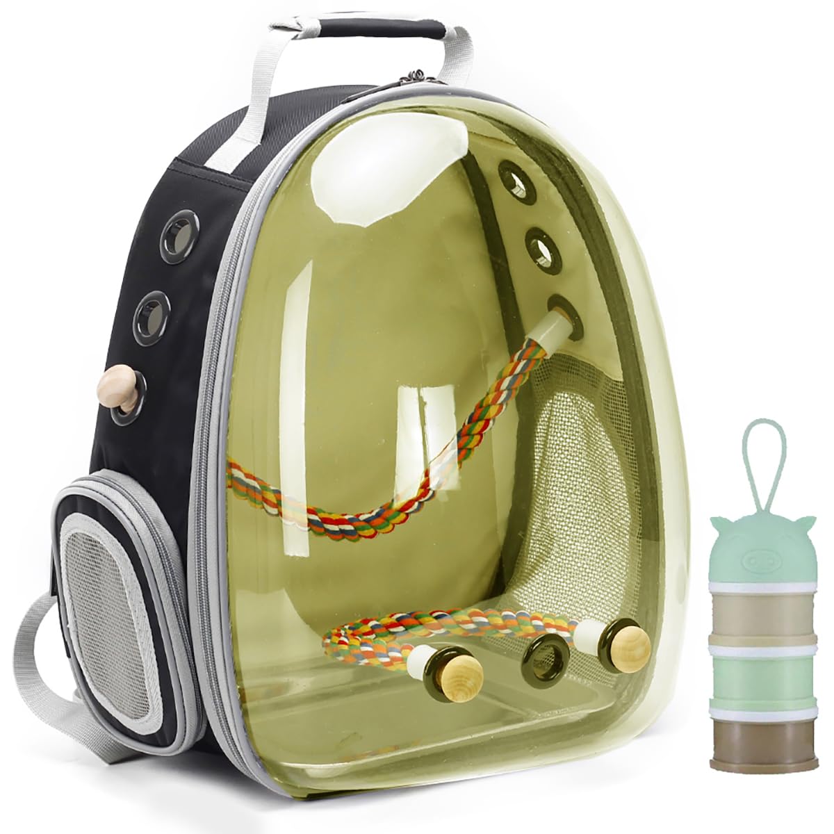 Bird Traval Carrier Cage, Polarized Tinted Brown Space Capsule Astronaut Backpack to Carry Parakeet Cockatiel Parrot with Metal Tray Bird Feed Wood Perch, Vet Transport Bag