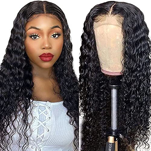 Lace Front Wigs Human Hair Pre Plucked 4x4 Deep Wave Lace Closure Human Hair HD Transparent Lace Front Wigs for Black Women with Baby Hair 150% Density Natural Color (18 inch)