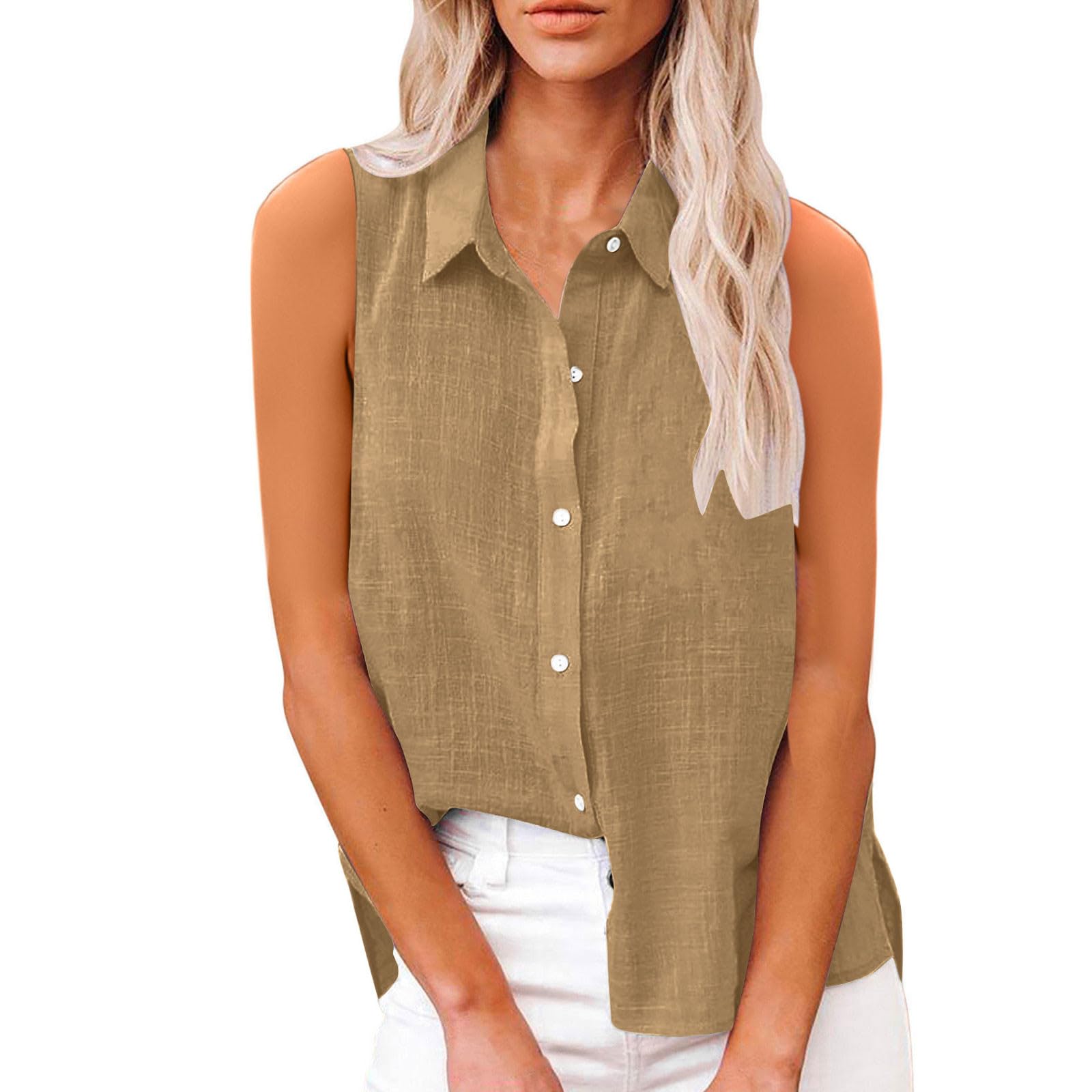 Camisas de algodón y lino para mujer sin mangas caqui XXL 8