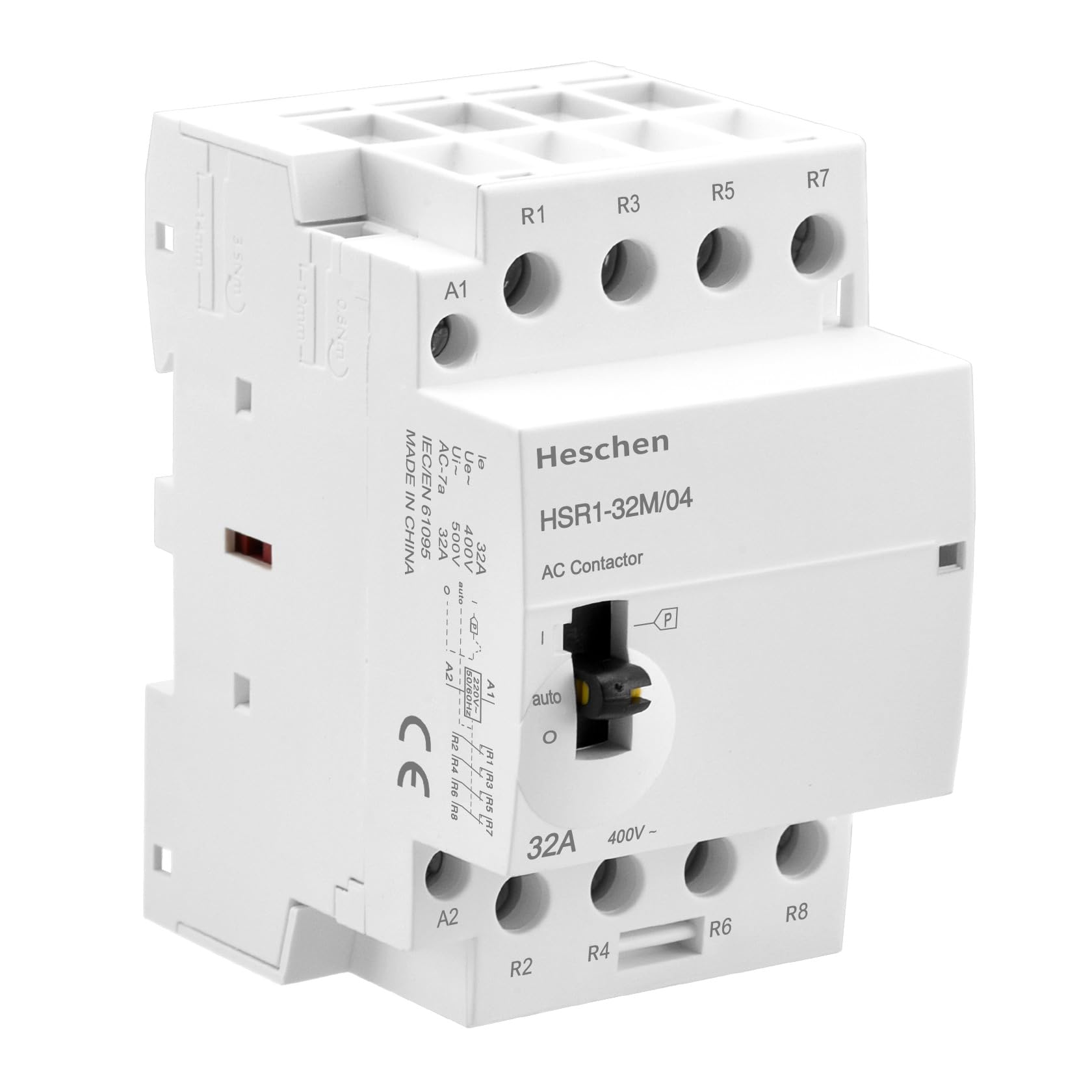 Produktbild von Heschen HSR1-32M/04 AC-Schütz – 32A, 4-polig, 4NC, 220V Spule, Manuelle Steuerung, DIN-Schiene, Für Haushaltssteuerungen