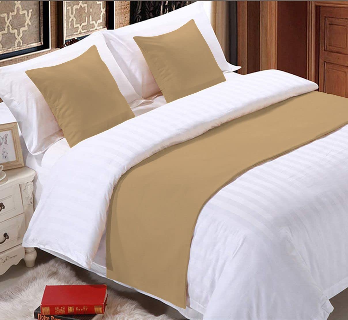 800 Thread Count Egyptian Cotton Bed Runner Decorative Bed Scarf 1 Piece Bed Runner & 2 Piece Matching Cushion Cover King Size [Taupe Solid]