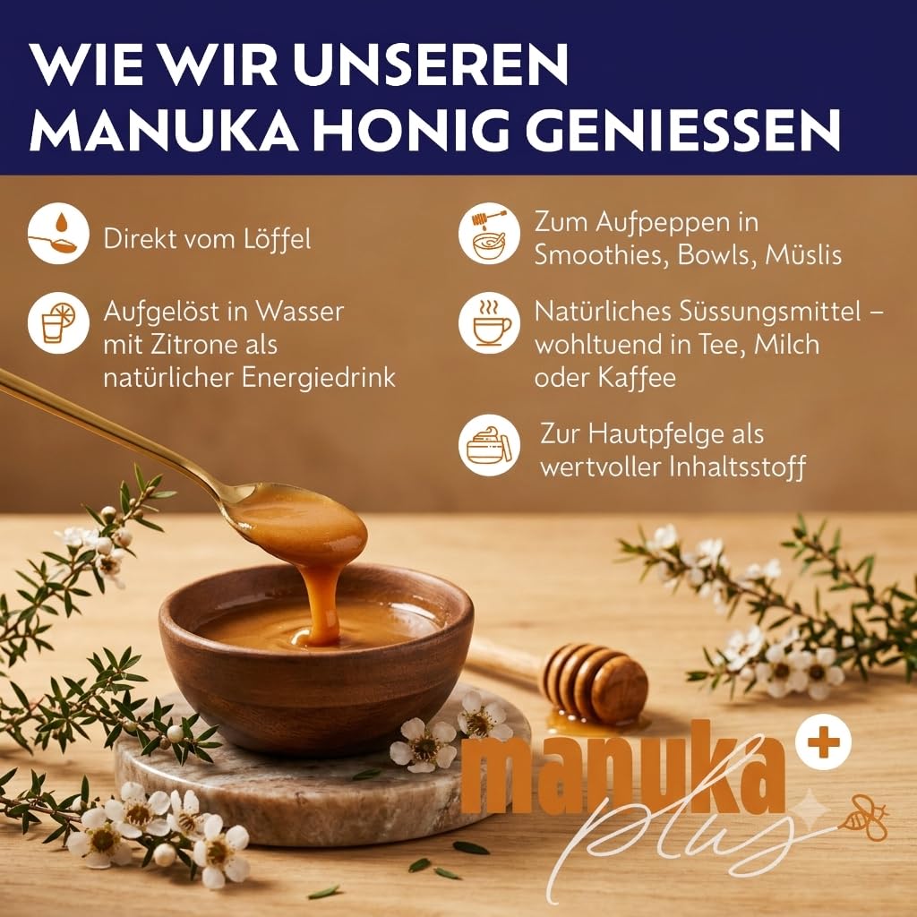 Manuka Honig 900 MGO + Roher Manuka Honig im Glas abgefüllt nach Deutscher Honigverordnung - manuka.plus Neuseeland Honig Manuka | 100% Reiner Manuka Honey | Manukahonig