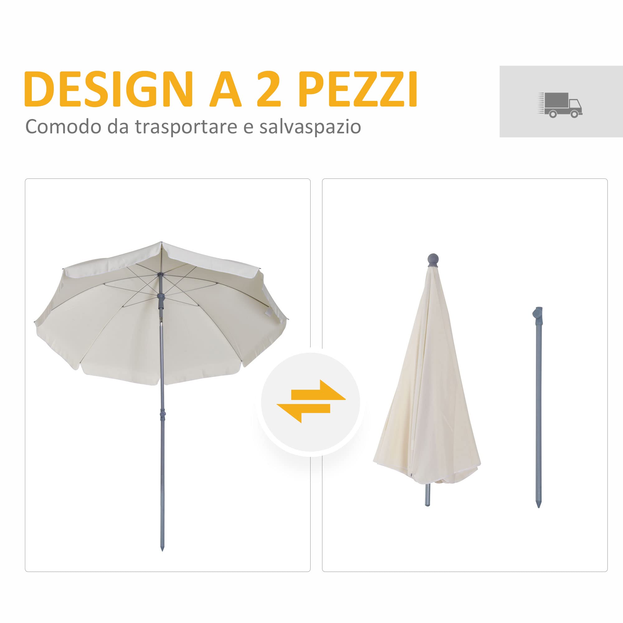 Outsunny Ombrellone da Spiaggia Ø2x2.3 m con Tettuccio Inclinabile, Ombrellone da Mare con 8 Stecche in Metallo e Poliestere, Bianco Crema