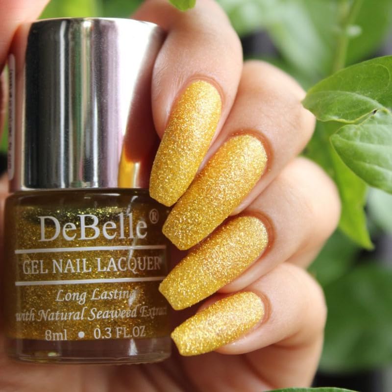 DeBelle Gel Nail Polish Pegasus (Lime Yellow with Gold Glitter Sugar Finish Nail Paint)|Non UV - Gel Finish |Chip Resistant | Seaweed Enriched Formula| Long Lasting|Cruelty and Toxic Free| 8ml 3