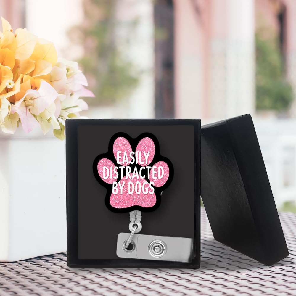 Retractable Badge Reel - 'Easily Distracted By Dogs' Funny Pink Glitter Design With Alligator Clip For Nurses, Teachers, Dog Lovers