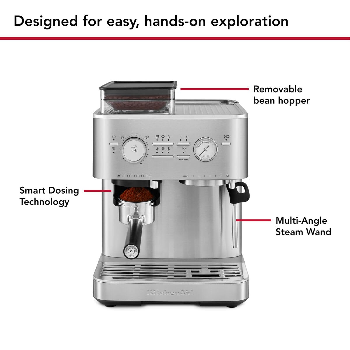 KitchenAid Macchina da caffè espresso semiautomatica con macinino integrato - 15 impostazioni di macinatura, controllo PID, pompa 15 bar, beccuccio vapore e design in acciaio inox - Acciacio