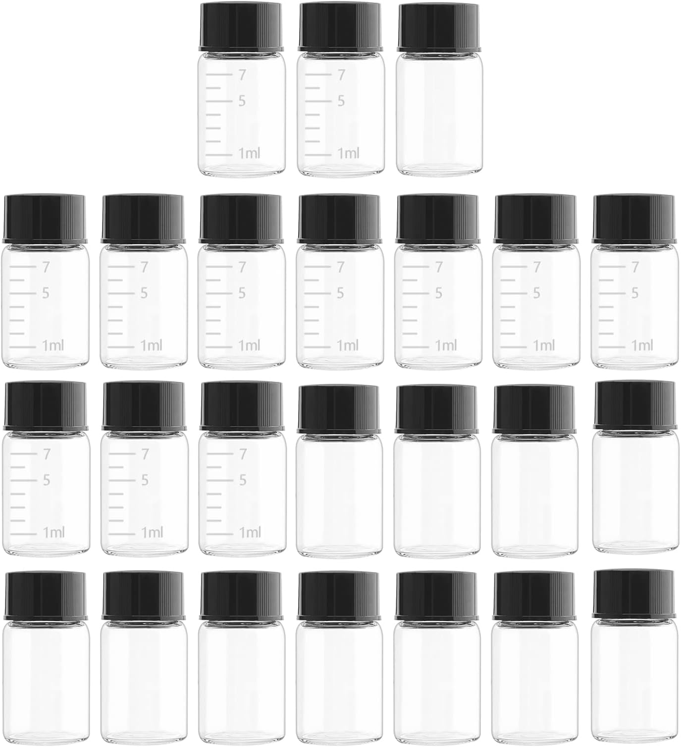 24 Pack 7ml Clear Glass Sample Vials with Screwcap Lab Liquid Sampling Bottles for Chemistry Lab Chemicals, 12 Pack with Scale(Black cap)
