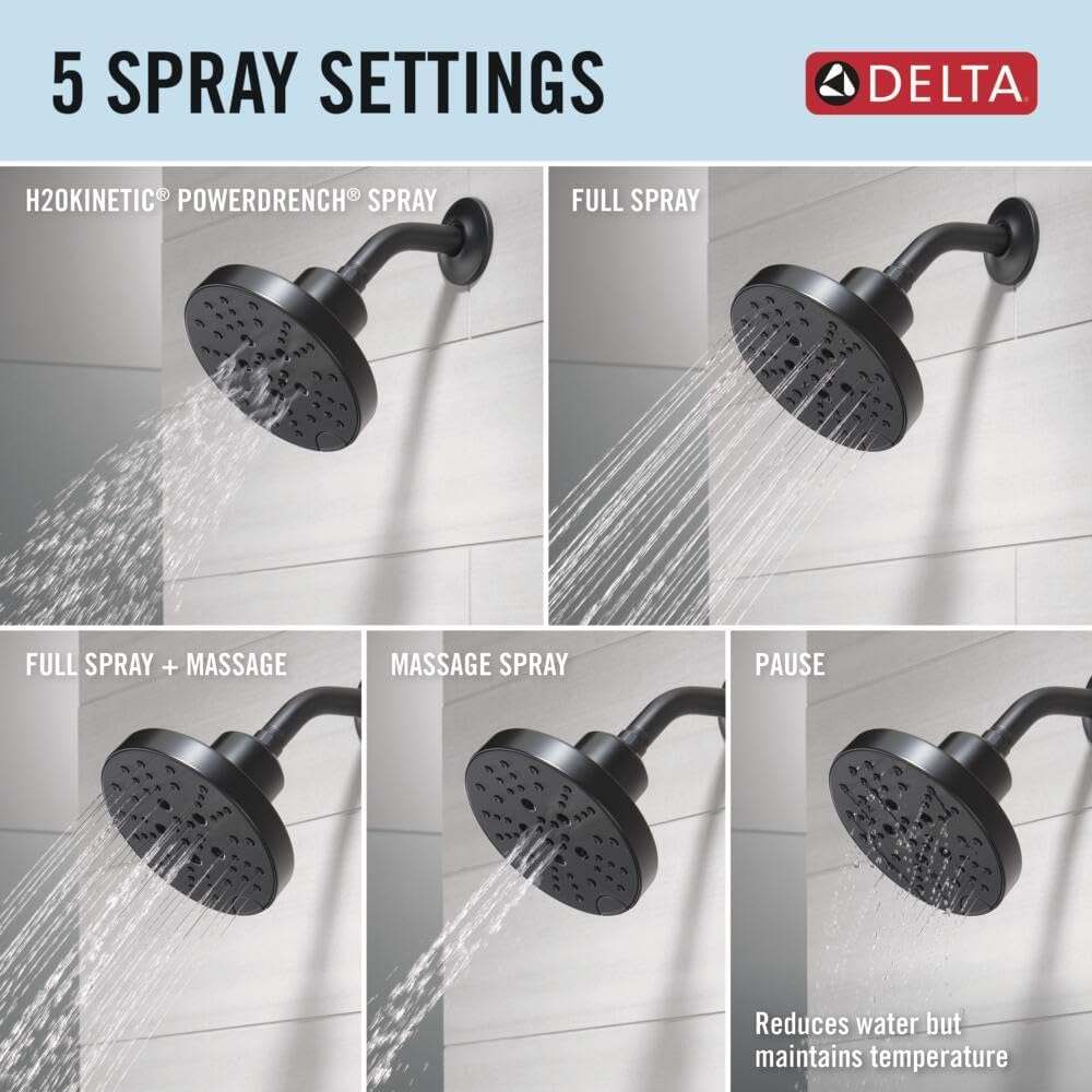 Delta Nicoli 14 Series H2Okinetic Shower Faucet Set, Matte Black Shower Head and Handle Set, Valve Trim Kit, Matte Black 142749-BL (Shower Valve Included) - Image 6