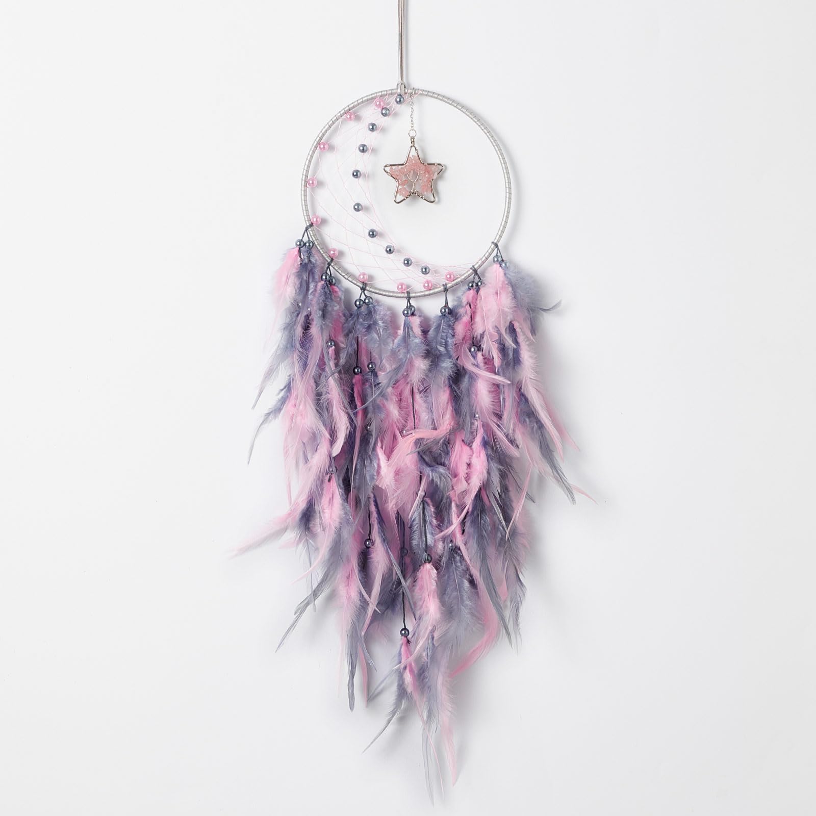 Dreamlike Moon Dream Catchers Wall Decor Crescent Dream Catcher with Crystal Stone Star Shaped Tree of Life Pendant Handmade Pink Feather Dreamcatchers Wall Hanging for Girls Bedroom Wedding Gift
