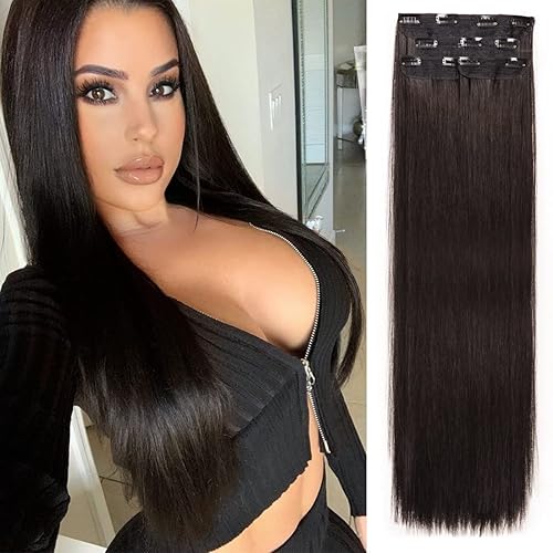 DOCUTE Extensiones de cabello grueso negro natural con clip para mujer 4 piezas 22 pulgadas de cabeza completa extensiones de cabello lacio con clip