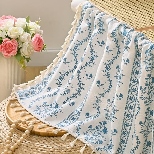 Image of Yinhua 2 Pack Boho Valance Curtains Vintage Linen Kitchen Valances for Windows Light Filtering Bohemian Floral Valance Rod Pocket Tassel Window Valances for Bathroom Cafe, 52 inch W X 18 inch L, White Blue