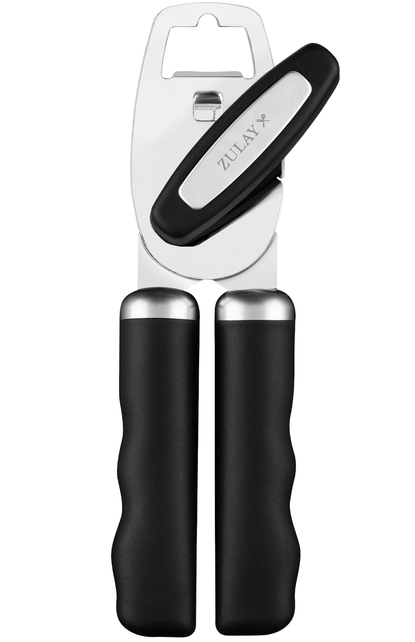 Zulay Kitchen Heavy Duty Stainless Steel Can Opener Manual with Bottle Opener - Rust Proof Manual Can Opener With Turn Knob & Comfy Soft Grip Handles - Black