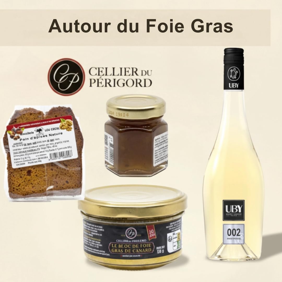 Cellier du Périgord Panier Gourmand Colis Uby et Exea - Vin | Foie gras de canard 120g, confit d'oignons, pain d'épices et vins Domaine Uby et Domaine Exea du Sud-Ouest en valisette