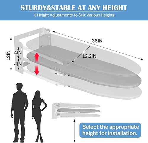 Miniatura 3 de Tabla de planchar montada en la pared, altura ajustable, tabla de hierro plegable de 36 x 12 pulgadas, para montaje en pared, tabla de planchar que